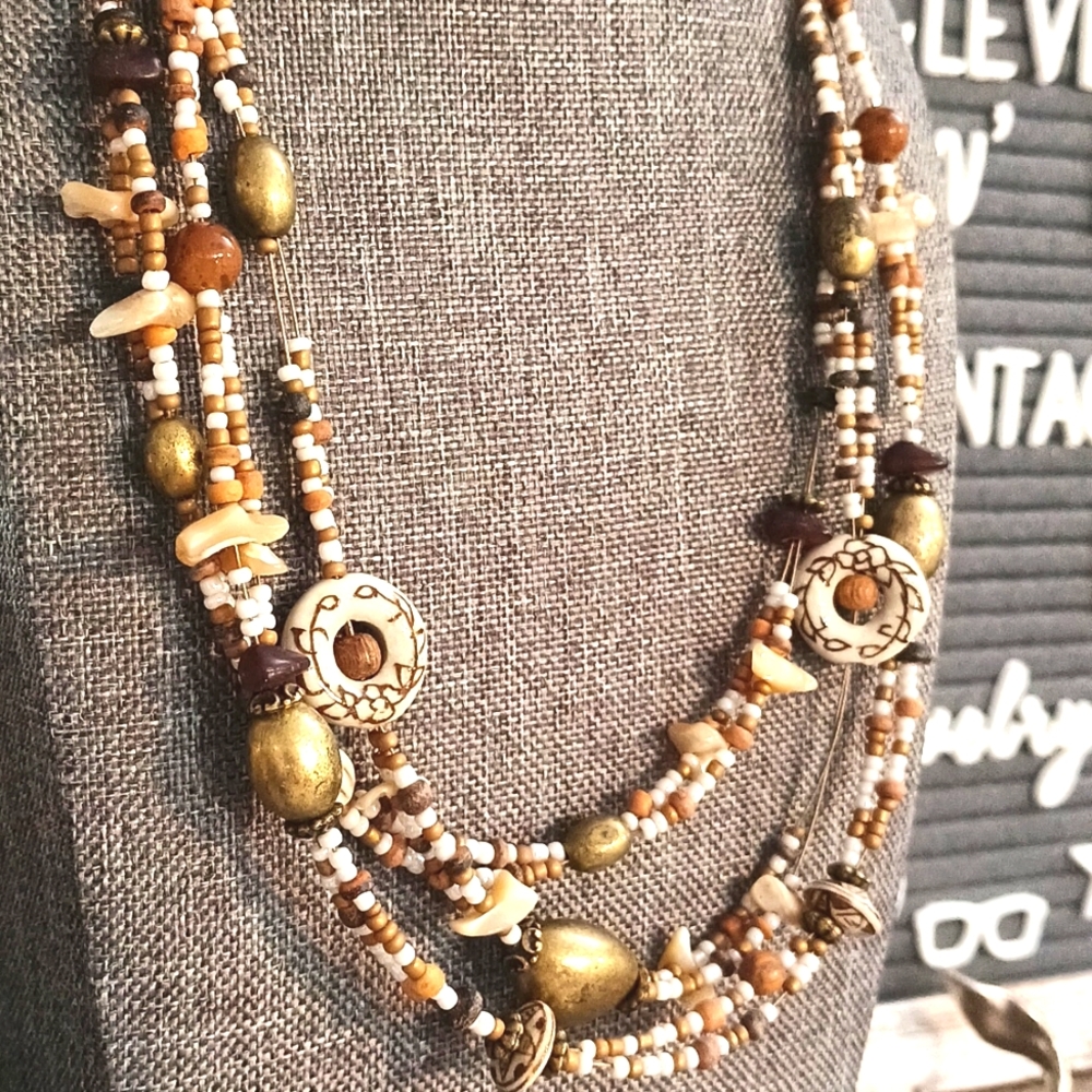 Coldwater Creek 3 strand beaded boho necklace wood, shell ceramic brass